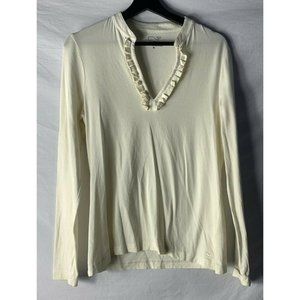 Vineyard Vines Womens Ruffled Top Size M Long Sleeve Ivory Shirt Flaws V-neck